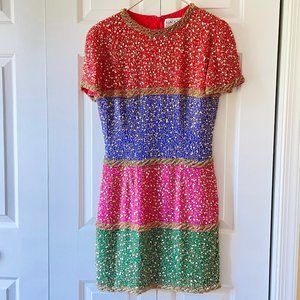 Vintage Color Block Gold Beaded Cocktail Dress